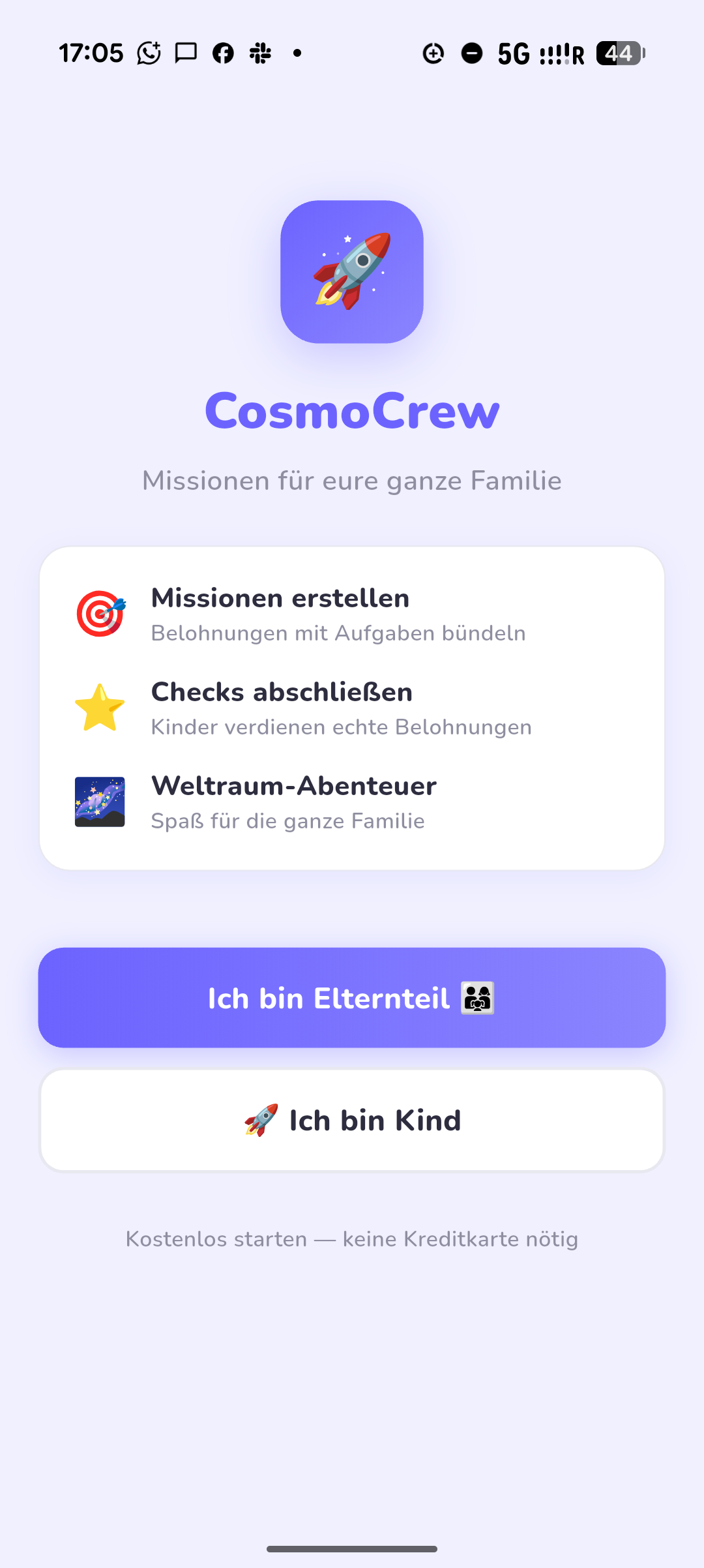CosmoCrew Eltern-Dashboard mit Missions-Übersicht