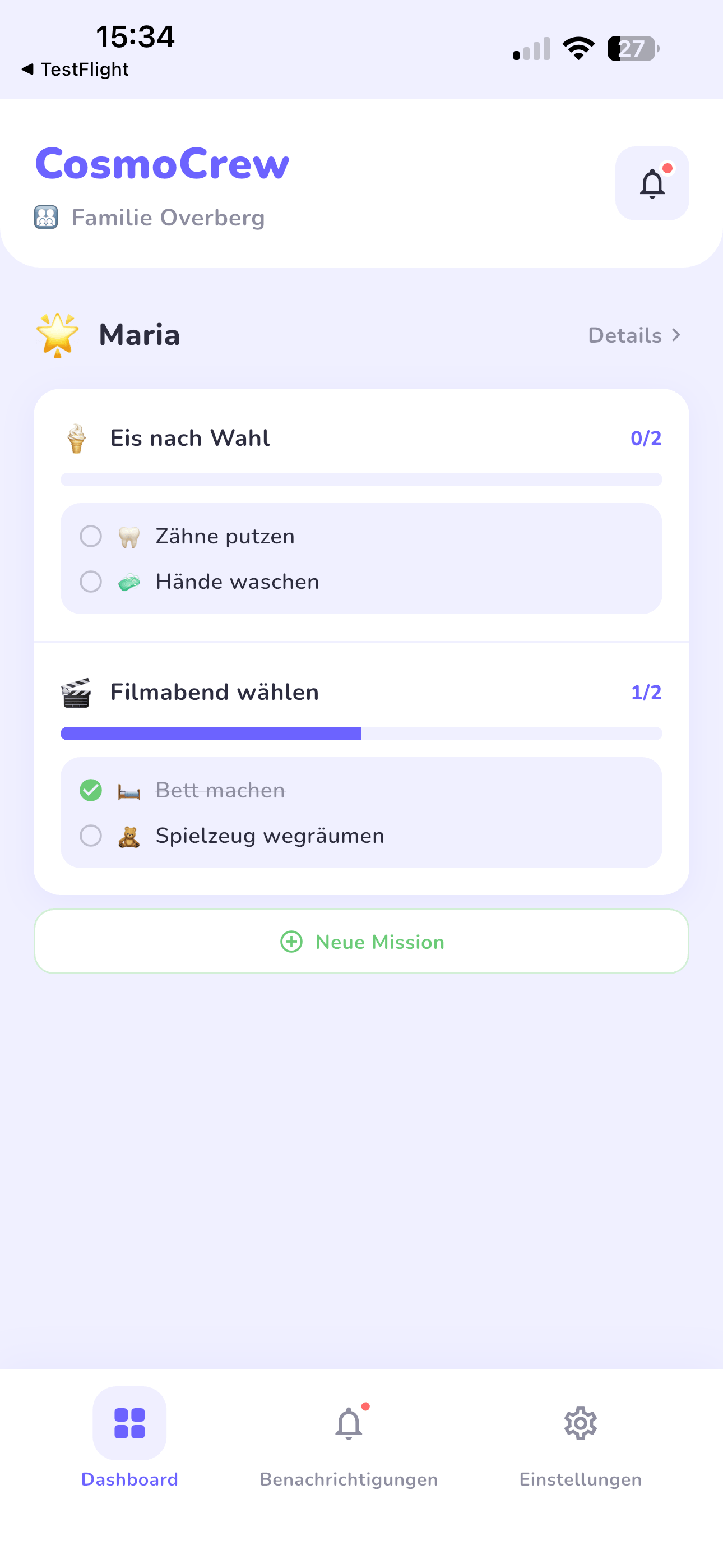 CosmoCrew Eltern-Dashboard mit Missions-Übersicht