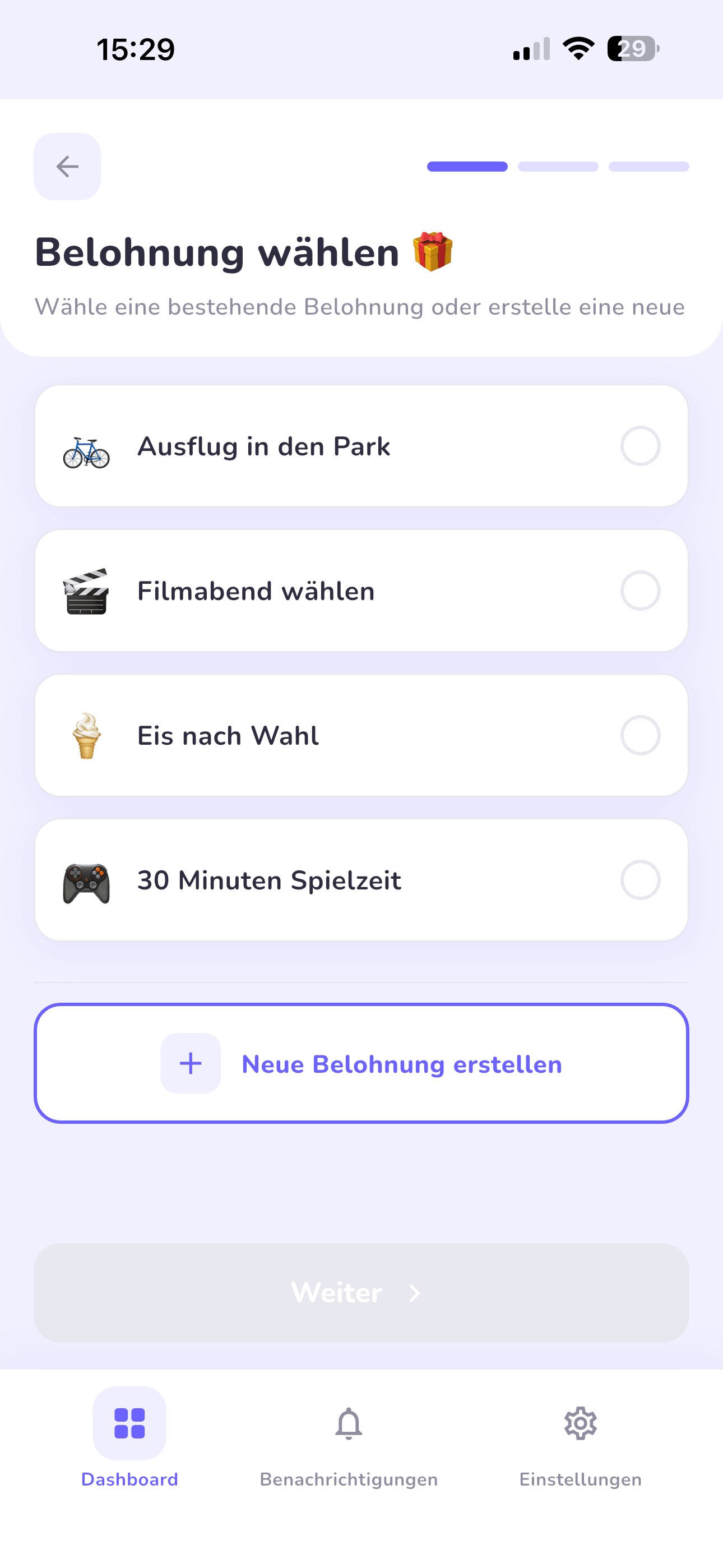 Mission erstellen – Belohnung wählen