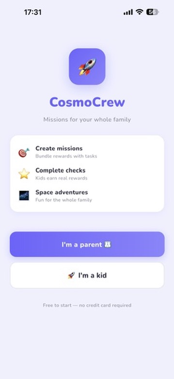 CosmoCrew parent dashboard with mission overview