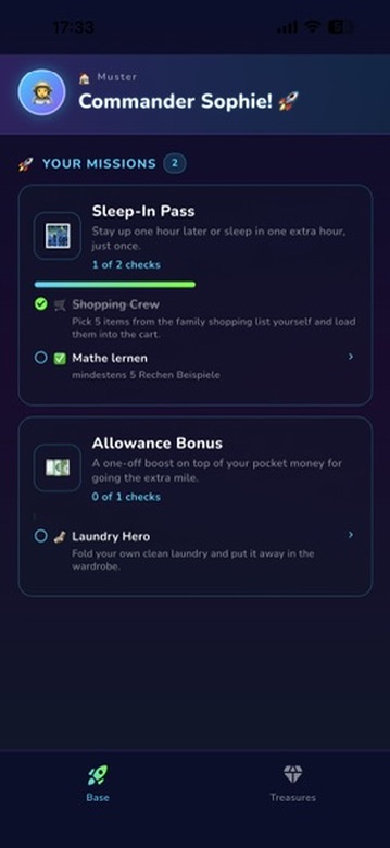 CosmoCrew kids hub with active missions