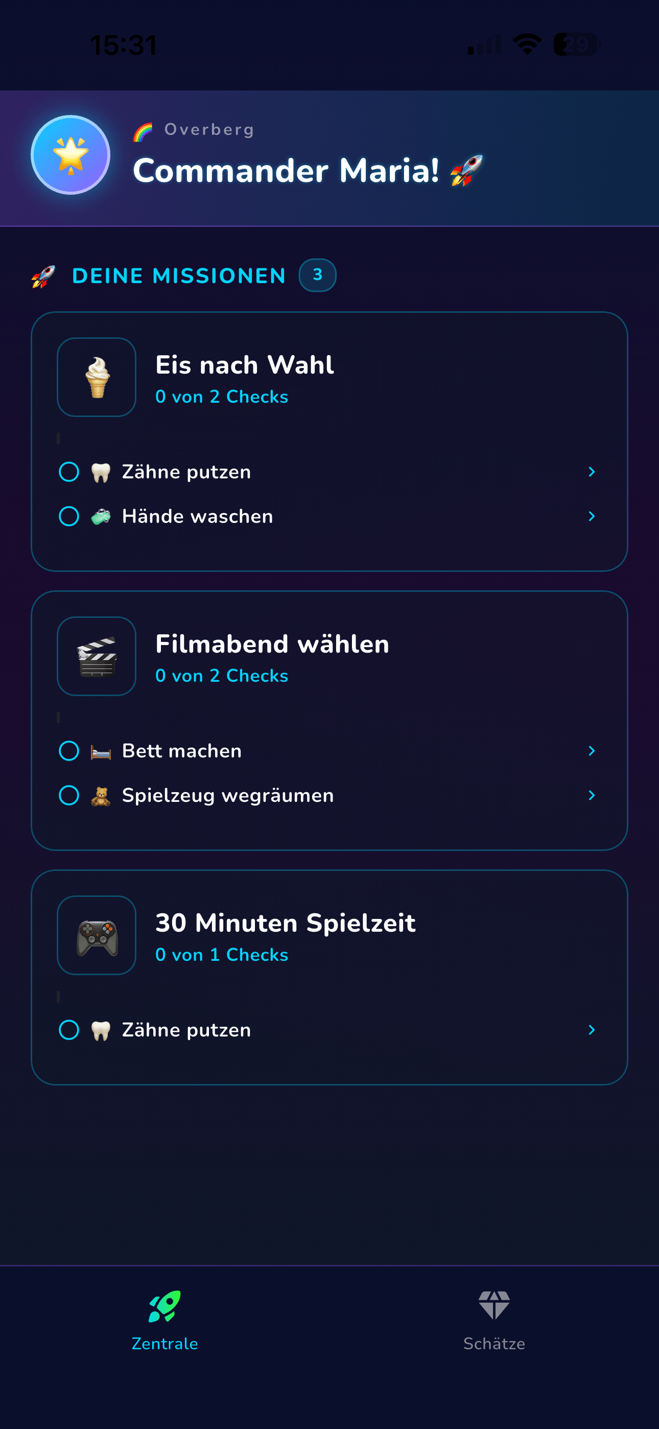 CosmoCrew Kinder-Zentrale mit aktiven Missionen